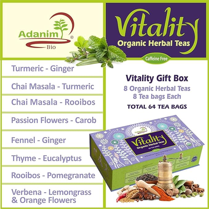 Adanim Bio Vitality Organic Tea Sampler Gift Set Box (8 Flavors Herbal Tea Variety Pack, 64 Individual Tea Bags) Caffeine Free Tea Sets, Assorted Tea Set, Tea Gifts for Tea Lovers