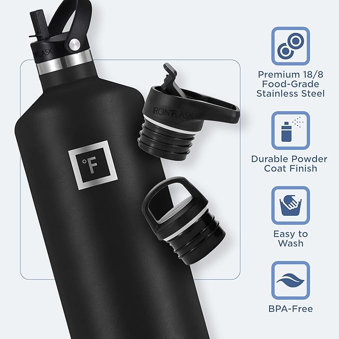 IRON °FLASK Camping & Hiking Hydration Canteens - 3 Lids (Narrow Straw Lid) Leak Proof Vacuum Insulated Stainless Steel - Hot & Cold Double Walled Sports Water Bottle - Fire, 64 Oz