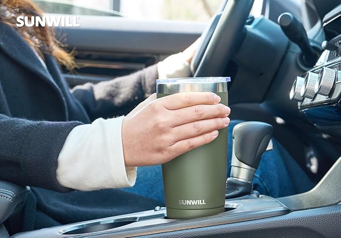 SUNWILL Travel Coffee Tumbler 20 oz, Insulated Mug with Lid, Stainless Steel Iced Cup for Outdoor, Powder Coated Camp Green