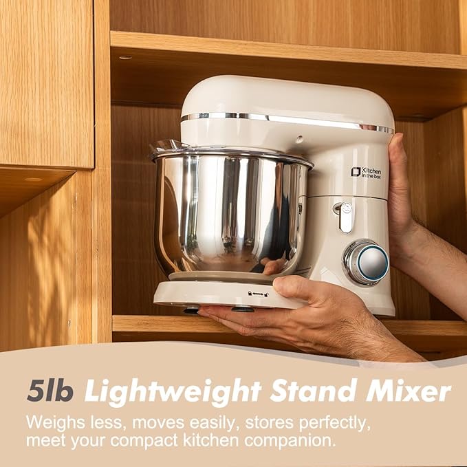 Kitchen in the Box Stand Mixer, 3.5 QT Small Electric Kitchen Mixer, 10-Speed Portable Lightweight Food Mixer with Stainless Steel Bowl, Egg Whisk, Dough Hook, Beater (Cream White)