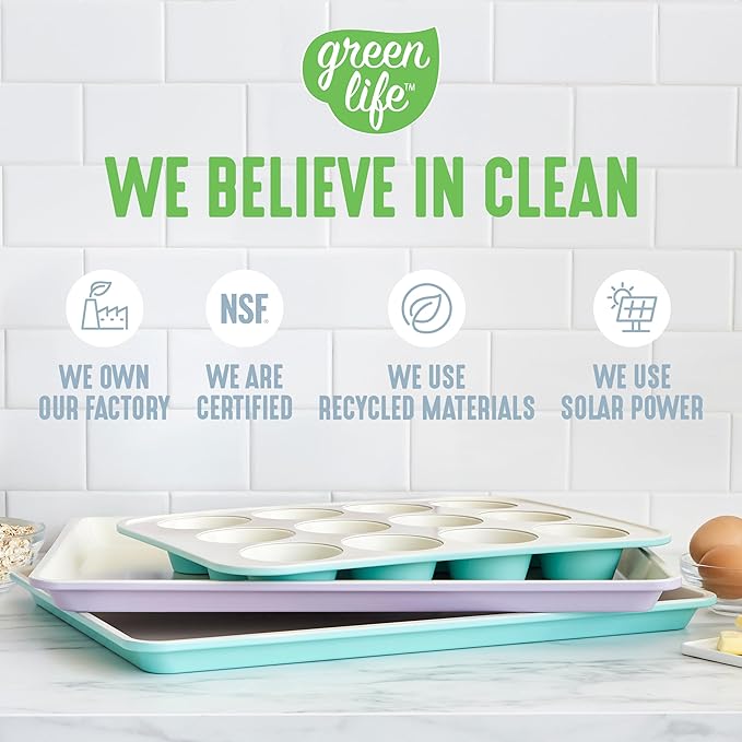 GreenLife 12-Cup Muffin Pan, Healthy Ceramic Nonstick Bakeware, PFOA & PFAS-Free Cupcake Tray, Durable Baking Pan, Versatile Kitchen Essential, Easy Clean Muffin Mold, Nonstick Baking Sheet, Blue Haze