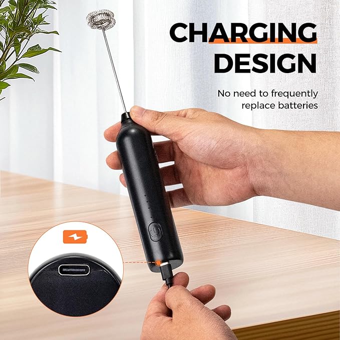 Milk Frother Type-C Rechargeable Handheld Electric Whisk Coffee Frother 3 Speed Adjustable Foam Maker Blender for Coffee Matcha Latte Cappuccino Hot Chocolate Kitchen Gifts(Black)