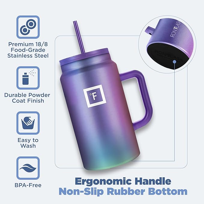 IRON °FLASK Co-Pilot Insulated Mug w/Straw & Flip Cap Lids - Cup Holder Bottle for Hot, Cold Drink - Leak-Proof - Water, Coffee Portable Travel Mug - Dark Pine, 50 Oz