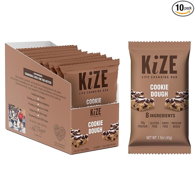 KiZE Energy Bars - Cookie Dough - Gluten Free, Dairy Free, Non-GMO, and High Protein Meal Replacement Energy Bars, Clean and Simple Food Ingredients - 10g High Protein Snacks, (10 Count)