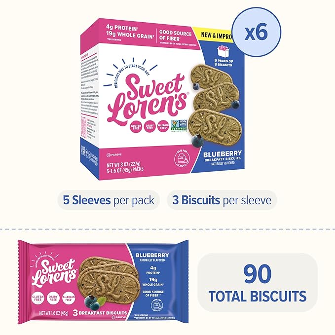 Sweet Loren's Vegan Breakfast Biscuits | Blueberry | 4g Protein, 19g Whole Grains | Plant Based, Gluten Free, Dairy Free, Nut Free Snacks | 6 Pack (30 Total Biscuits, 1.6 ounce each)