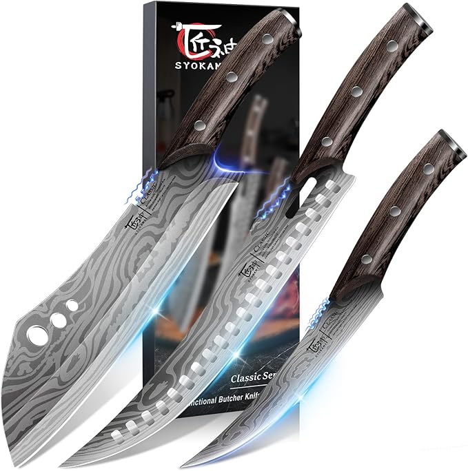 Butcher Knife Set, 3 PCS Kitchen Knife for Meat Cutting, Cleaver, Breaking & Boning Knife, Japanese Style High Carbon Steel Kitchen Knife for Chopping, Slicing, Deboning, House Warming Gifts