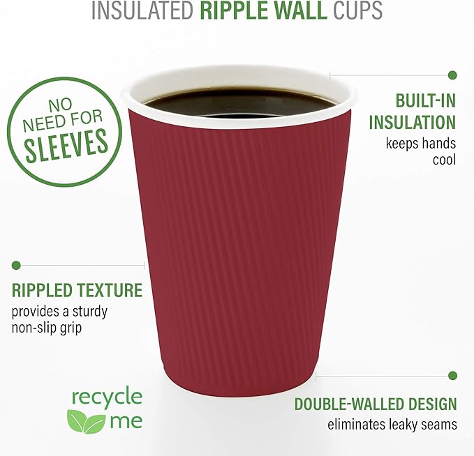 Restaurantware 12 Ounce Ripple Wall Disposable Coffee Cups, 500 Insulated Crimson Paper Tumblers with Rolled Rim Design, Lids Sold Separately for Hot Drinks like Tea, Hot Chocolate and More
