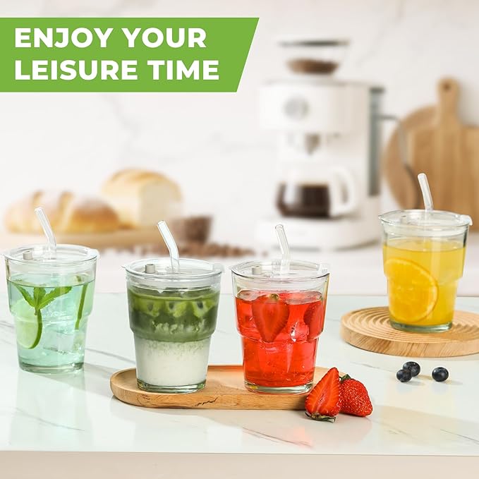 4 Pack 13 Oz Glass Cups with Lids and Straws Glass Iced Coffee Cups with Lids Vintage Glass Tumbler for Beer Ice Coffee Fruit Juice Elegant Aesthetic Cup Glassware Include 1 Cleaning Brushes