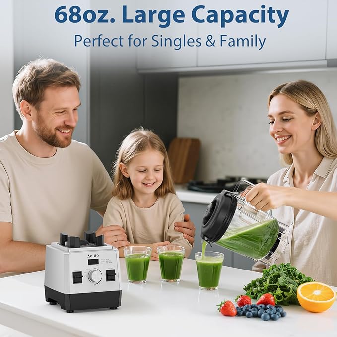 Aeitto Blenders for Kitchen with 68Oz. Large Capacity, 1800W Max Power Smoothie blender, 3 Preset Programs & 7 Speeds, Professional Countertop Blender for Smoothies, Frozen Drinks, Generation1 Silver