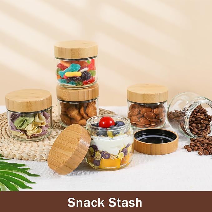 OcePor 6 Pack 10oz Glass Jars with Bamboo Lids, Over Night Oats Container with Airtight Lid, Glass Snack Storage Salad Jars For Food, Yogurt, Sugar and Flour,Coffee Bean, Cookie, Cereal
