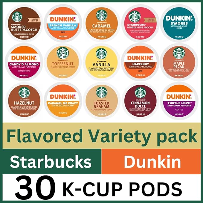 30 Count -- Flavored Starbucks & Dunkin Variety Pack Coffee Pods K Cup Sampler – Starbucks - Hazelnut, Cinnamon Dolce, Maple Pecan, Smoked Butterscotch, Toasted Graham, Caramel, Vanilla & Toffeenut. Dunkin - Turtle Love, Candy'd Almond, Caramel Me Craz...