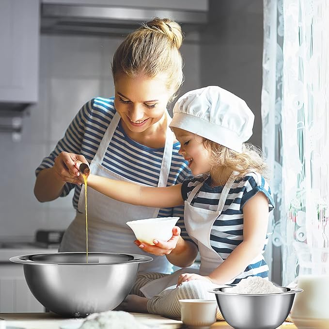 EATEX Stainless Steel Mixing Bowls with Measuring Cups & Spoons Set of 14 - Dishwasher Safe Nesting Mixing Bowl Set for Cooking, Baking & Meal Prep Non-Slip Premium Bowls