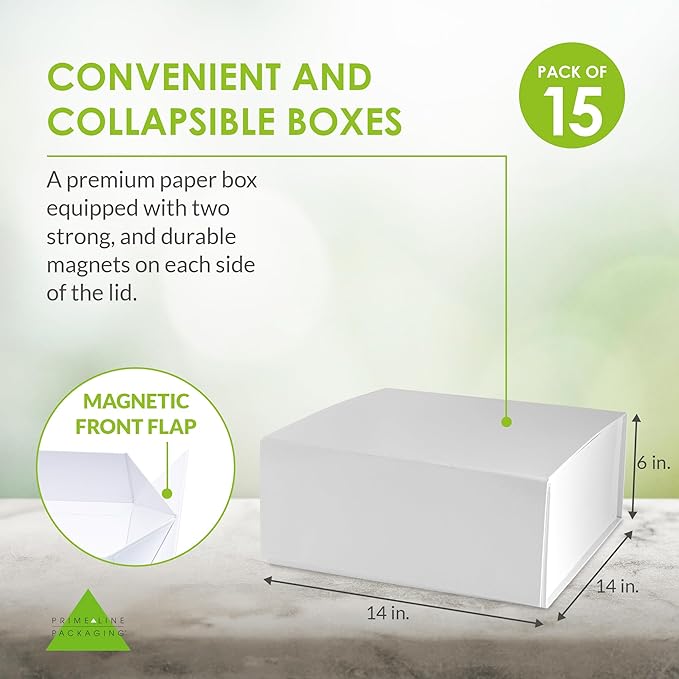 Prime Line Packaging Christmas Gift Boxes, Holiday Gift Boxes with Lids for Presents, Extra Large White Magnetic Gift Box for Gift Wrapping, Weddings, Storage, Bulk, 14x14x6, 15 Pack