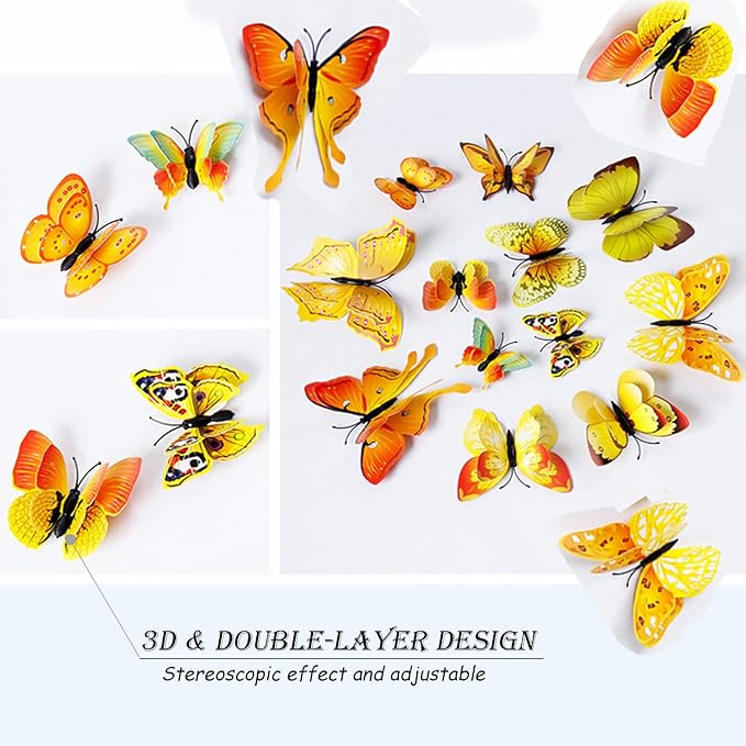 Butterfly Wall Decor 24/48 PCS, 3D Butterflies Stickers for Party Decorations with Magnets(Gold, 24)