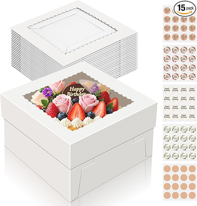 15 PCS Cake Boxes 10 Inch, 10x10x5 Inch Cake Box, 10 Inch Cake Box with Window, White Bakery Boxes, Large Baking Boxes, Cajas Para Pasteles, 10x10 Cake Boxes for Birthday, Wedding, Party, Business