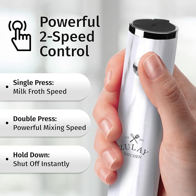 Zulay Kitchen Lux Rechargeable Milk Frother Handheld - Powerful 2-Speed Motor, Fully Waterproof, 2000mAh Battery - Drink Mixer For Latte, Cappuccino, Matcha, Protein Powder - White Marble