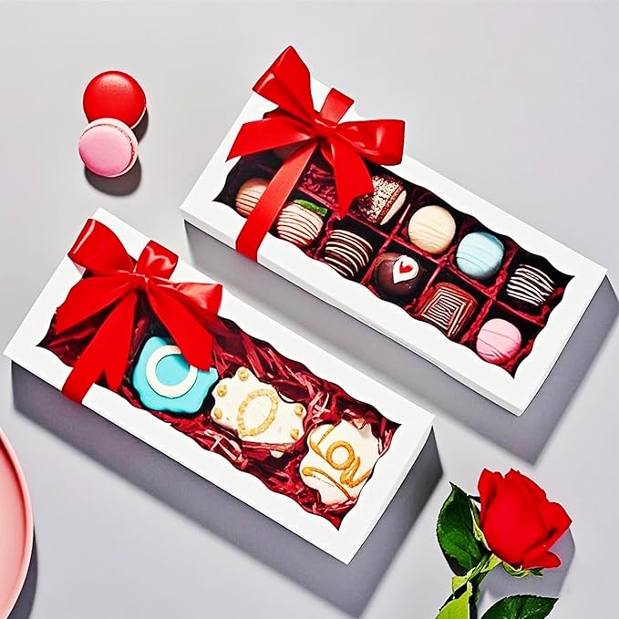 50PCS 12x5x1.5 Inch Cookie Boxes with Window Chocolate Truffle Brownie Packing Bakery Pastry Gift Boxes for Soap,Dount,Browine Cake,Treat Boxes for Party Favors Christmas