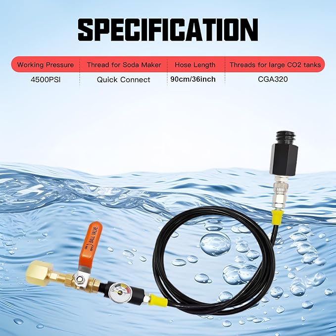CO2 Cylinder Refill Adapter Hose, with 2000psi Pressure Gauge, Quick Adapter for CO2 Soda Compatible with Fizzi/Onetouch/Jet/AQUA FIZZ Blue Cylinder Soda Maker Accessories (60 inch)