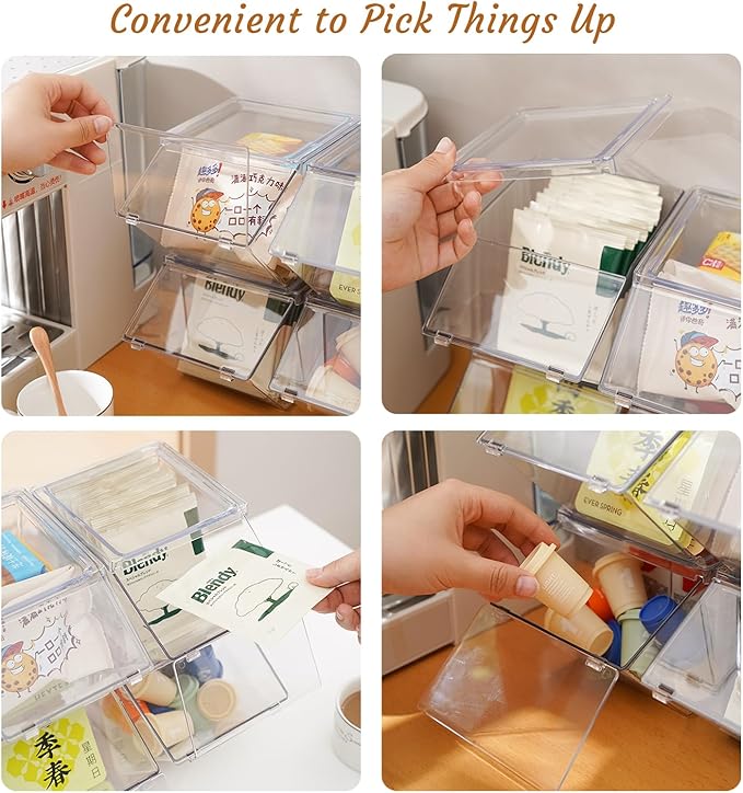 Tea Bag Organizer Coffee Pod Holder K Cup Holder, Stackable Acrylic Desk Organizer Box with Lid, 4 Pack