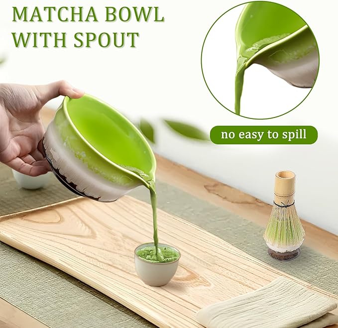 Matcha Set Includes Ceramic Matcha Bowl with Spout, Bamboo Whisk, Matcha Sifter, Matcha Whisk Holder, Bamboo Spoons, 5 Pieces Green Matcha Kit Gift for Tea Lovers