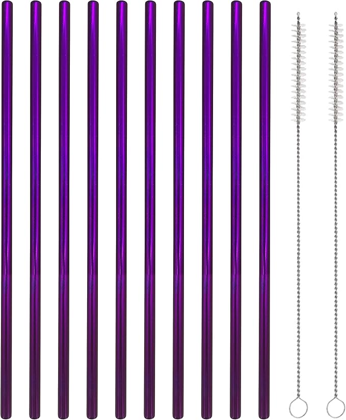 10 Pcs Stainless Steel Straws, Reusable Drinking Straws, Straight Metal Straw Sets with 2 Pcs Cleaning Brushes (8.5 Inch, Purple)
