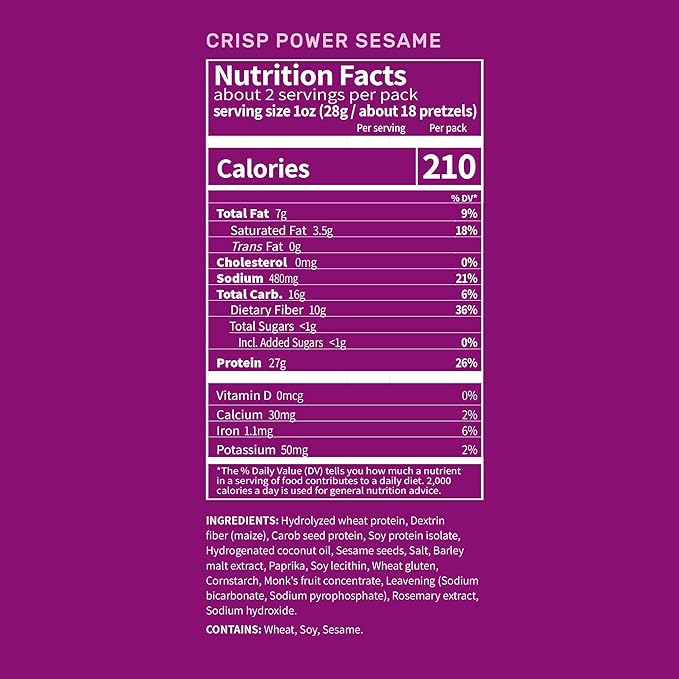 Crisp Power Protein Pretzels, Sesame, High Protein Vegan Keto Snack, 27 G Plant Based Protein, Low Carb Crunchy Pretzel Snacks, No Added Sugar, No Seed Oils, 1.75 oz Bags, 24 Pack