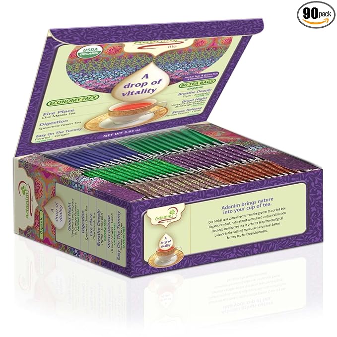 Adanim Bio Tea Sampler Gift Set Box, 6 Flavors Organic Herbal Tea Set, Total of 90 Tea Bags, Full of Aroma Scented Fragrance, Tea Lovers Gift Ideas For Christmas
