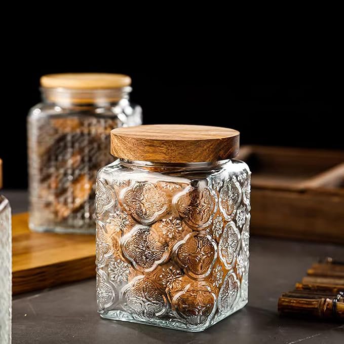 Snminetal Vintage Glass Airtight Storage Jar Set of 2, With Airtight Wood Lid, Kitchen Food Storage Containers,Suitable for storage Tea leaves,Coffee Beans,dried fruits, cereals, etc(Plum pattern)
