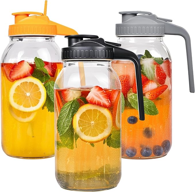 3 Pack 64oz Glass Mason Jar Pitcher with Airtight Lid and Handle – Wide Mouth, Leak-Proof, Ideal for Sun Tea, Cold Brew, Lemonade, Iced Coffee, Milk, and Water