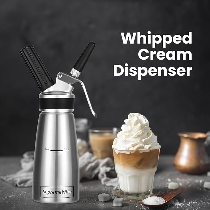 PRO Cream Dispenser, Durable High-Grip, Metal Lid with Rubber, 3 Nozzles, for Hot/Cold Use, Cleaning Brush Included, Silver - 250 ml/1 Pint