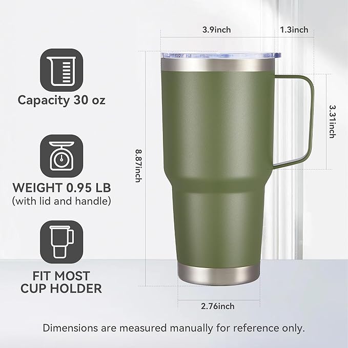 30 oz Tumbler with Handle and Lid, Stainless Steel Tumblers Double Wall Vacuum Insulated Travel Mug Leak Proof Cup Keep Drinks Cold and Hot Army Green, 1 Pack