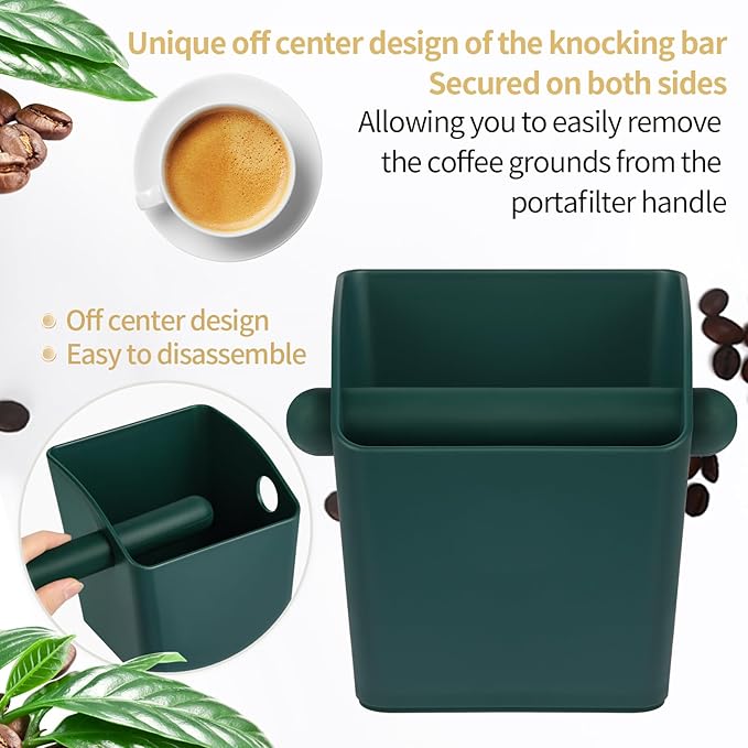 Large Square Knock Box Shock-absorbent Knock Box Espresso with Removable Knock Bar and Non-Slip Base Espresso Accessories for Home/Office (Large Green Knock Box with Tamper Mat)