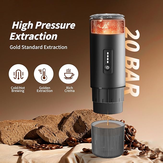 Stainless Steel Portable Espresso Maker | 7500mAh Rechargeable Battery | 20 Bar Self-Heating with USB-C | Works with Most Capsules Compatible for Camping, Travel, Outdoor (Black)
