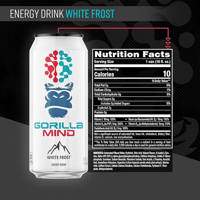 Gorilla Mind Energy Drink | Unmatched Energy · Amplified Focus | N-Acetyl-L-Tyrosine, Alpha-GPC, 200mg Caffeine, Uridine, Saffron | 0 Sugar Or Artificial Colors | 16oz, 12-Pack (White Frost)