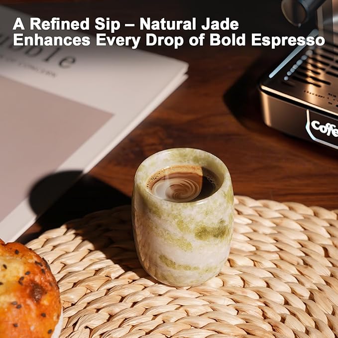Handcrafted Natural Jade Shot Glasses – Set of 2 | 1.8 oz Whiskey, Espresso & Tequila Cups in Unique Drum Shape, Oriental Inspired Luxury Gift for Men & Whiskey Lovers