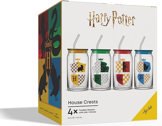 JoyJolt Harry Potter House Crests Glass Tumblers with Lids and Straws, 16oz Glass Cups with Lids and Straws, Can Shaped Drinking Glasses Set of 4, Hogwarts Cup, Harry Potter Merchandise