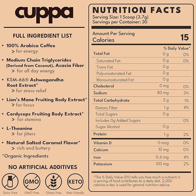 Cuppa Salted Caramel Healthy Mushroom Instant Coffee with Lion's Mane & Ashwagandha for All Day Energy & Focus - No Crash or Jitters - Nootropics for Brain Health, Gut Health, Immunity, Stress, Memory + Mood - 60 Servings