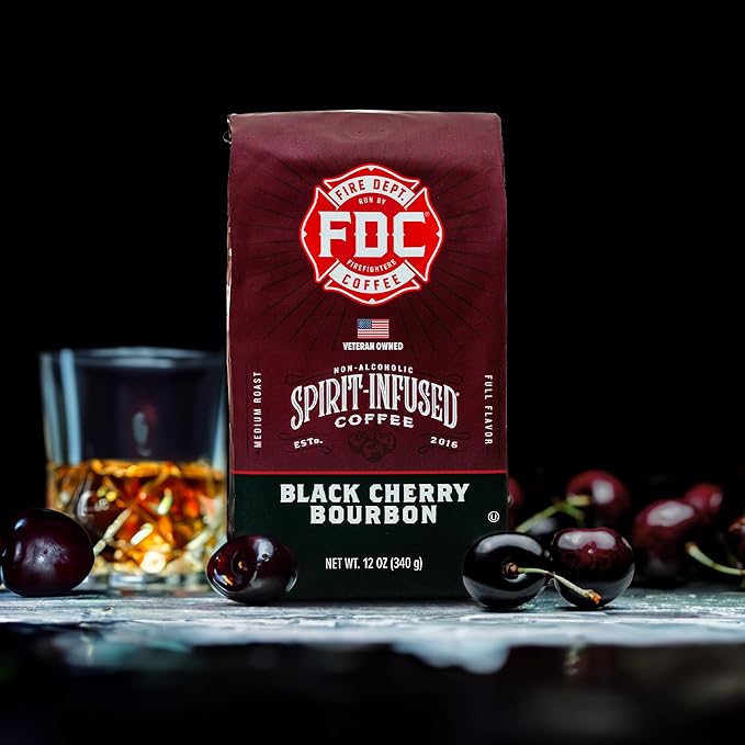 Fire Department Coffee - Black Cherry Bourbon Coffee - Gives Back to Firefighters - Premium Bourbon Infused Whole Bean - Non-Alcoholic - Roasted in the USA - Veteran Owned - 12 oz