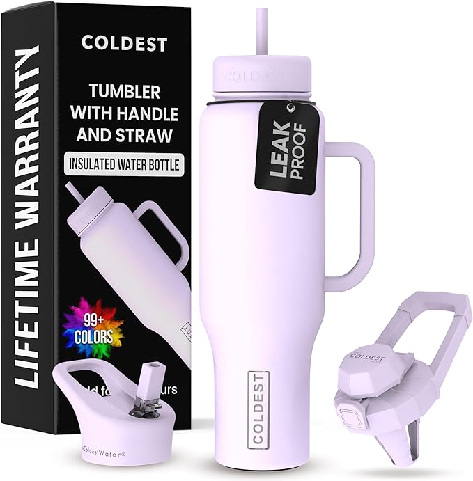 Coldest 40 oz Tumbler with Handle and Straw - 100% Leak Proof Insulated Tumbler with Lid and Straw (3 Lids) - Stainless Steel Tumblers for Women & Men - Cup Holder Friendly Base, 46 oz (Lilac Blue)