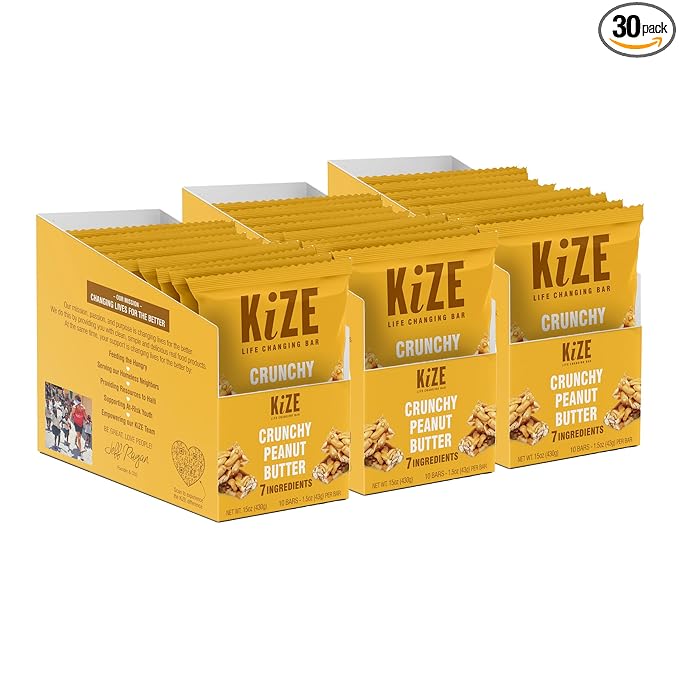 KiZE Energy Bars - Crunchy Peanut Butter - 30-Count - Gluten Free, Dairy Free, Non-GMO, and High Protein Meal Replacement Energy Bars, Clean and Simple Food Ingredients - 7g High Protein Snacks (30 Count)
