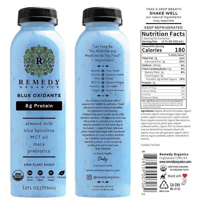 Remedy Organics Blue Essentials 12-Pack | Plant Based 8g Protein Shakes, Ready to Drink | USDA Organic, Gluten Free, Dairy Free, Soy Free