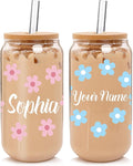 Personalized Glass Cup with Names-Custom Cup Can Shaped Glass with Lids and Straws18OZ Iced Coffee Cups-Gifts for Mothers Day Women Friend (Flower-name)