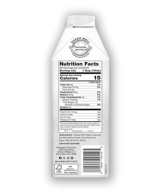 Elmhurst 1925 Cinnamon Churro Cashew Creamer - Dairy-Free, Vegan, Kosher, Low Sugar, Shelf Stable Creamer Made with Cashew & Oat Milk for Healthier Coffee, Latte and Smoothies - 25.4 Ounce (Pack of 6)