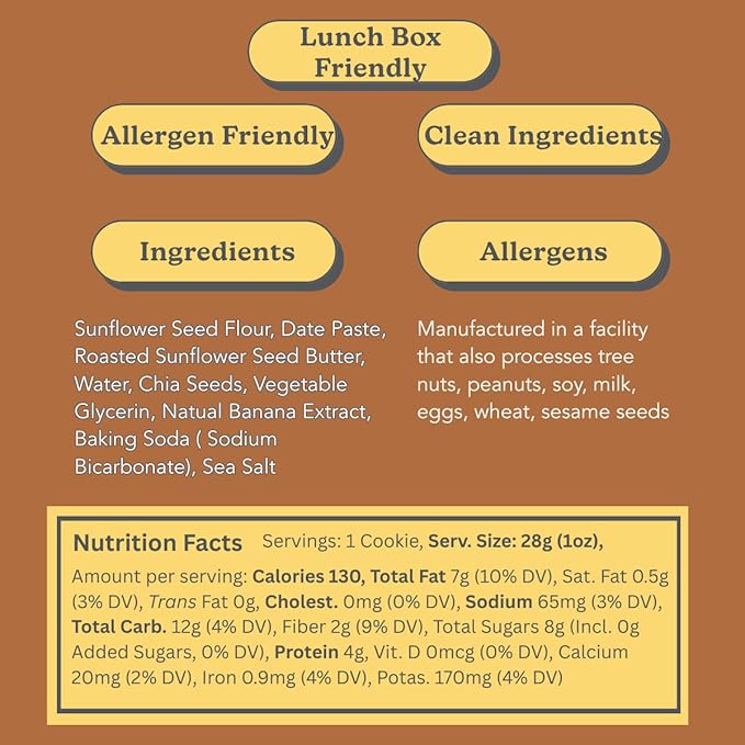 Love + Chew Soft Baked Protein Cookies, Gluten Free | (18) Count Sunflower Banana Bread Minis | Vegan, Paleo, Non GMO and Packed with Superfoods. - Individually Wrapped, and Made from Sunflower Seeds - (1) Ounce Cookies