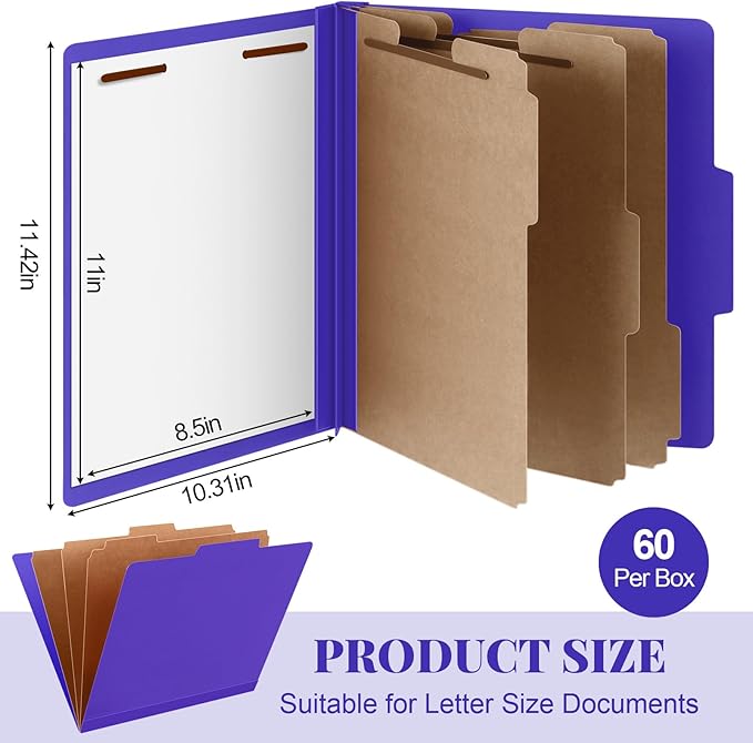 60 Pcs Classification Folders Letter Size, Back to School Supply for Teacher, Student, 3 Dividers Pressboard File Folder Bulk with 2 Fasteners, 3.5 Inch Expanding File Organizer (Purple)