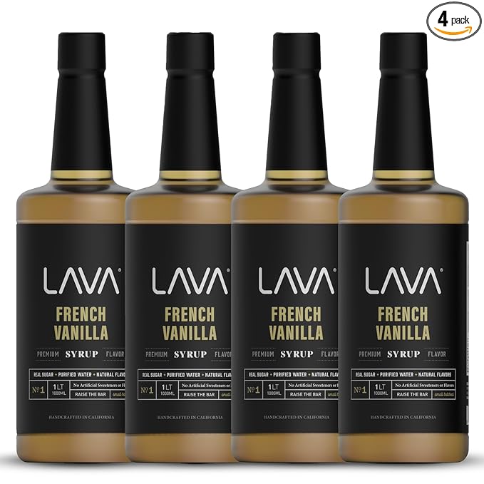 (4-Pack) LAVA Premium French Vanilla Syrup, Natural Vanilla Coffee Sweetener, 33.8oz (1-Liter), Made with 100% Sugar, No Artificial Sweeteners, Flavors, or Colors