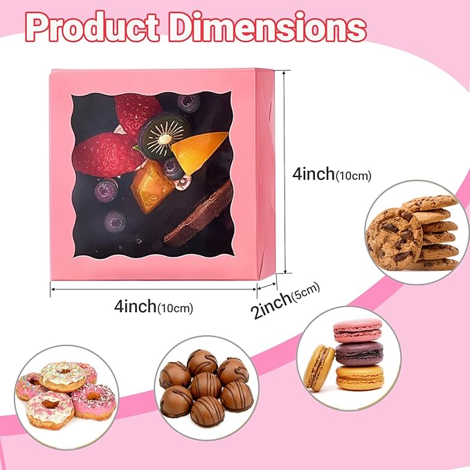 40PCS 4x4x2 Inches Pink Bakery Boxes with Clear Window – Ideal for Cookie, Strawberry, Macaron, Ores, Chocolate Truffles, Donut, Pie –Great for Party, Wedding, Valentine's, Birthday, Christmas Favor