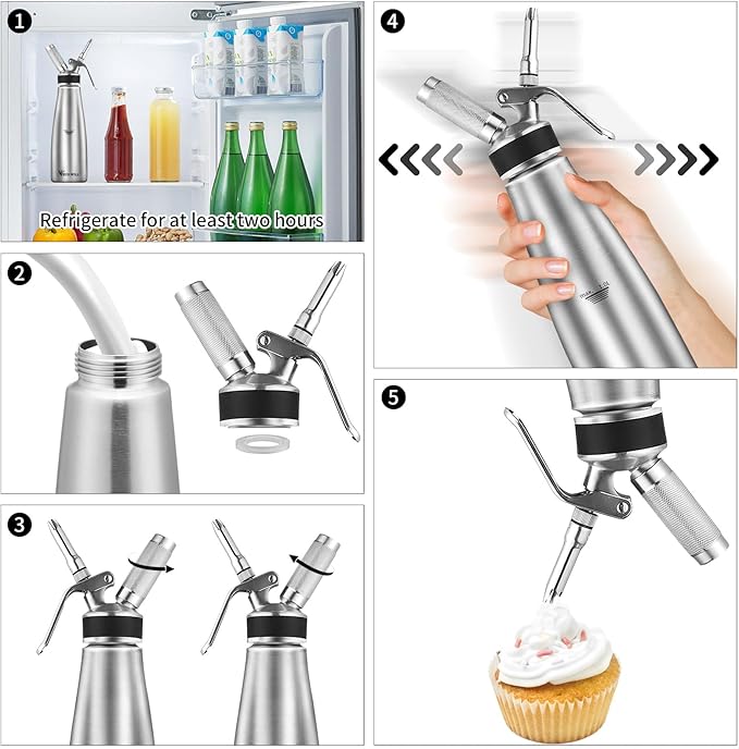 Professional Stainless Steel Cream Whipper, 1000ml – For Perfect Whipped Cream, Dessert Mousses, Cocktails & More – Easy to Use & Clean (Stainless Steel 1L)