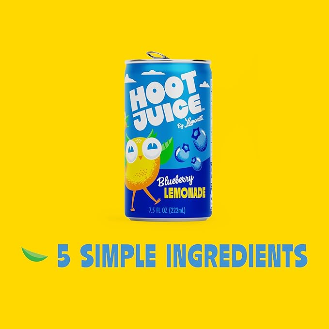 Hoot Juice Blueberry Lemonade By Lemonati, No Artificial Sweeteners or Flavors, Gluten-Free, Kosher, Non-GMO, Vegan, 7.5 Fl Oz Mini-Cans, Pack Of 24, Blueberry Lemonade