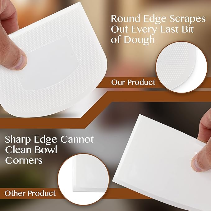 Plastic Bench Scraper for Baking - 2 White Bowl Scraper - Flexible Food Safe Dough Scraper Multipurpose Good Grip Curved and Flat Edge Dough Cutter - Essential Pan Scraper for Kitchen Use - RamPro